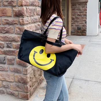 Peňaženky a kabelky Voľný čas Plátno veľkú kapacitu usmievavá tvár ženy taška cez rameno sac hlavný femme tašky pre ženy 2020