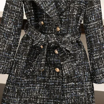 Zimné Ženy Voľné Vlny Zmesi Kabát Dizajnér Dvojité Breasted Tweed Kabát Módne Office Lady Klope Dlhá Bunda Plus Veľkosť 5XL