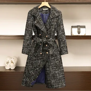 Zimné Ženy Voľné Vlny Zmesi Kabát Dizajnér Dvojité Breasted Tweed Kabát Módne Office Lady Klope Dlhá Bunda Plus Veľkosť 5XL