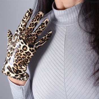 Ženské leopard tlač faux pu kožené rukavice žena sexy klub party šaty módne krátke jazdy tanec rukavice 21 cm R1196