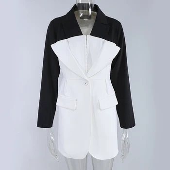 Dlhý rukáv dámske sako, štrbinový golier voľné bunda, čierna a biela, na jar a na jeseň, 2021, 1dd3810
