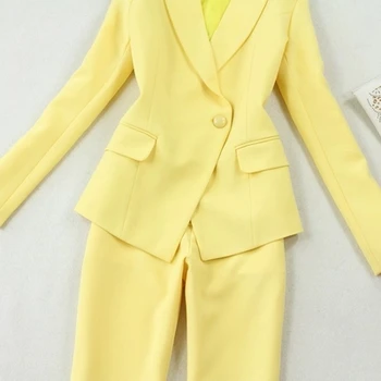 Módne farby obleku ženské veľké veľkosti žien OL profesionálne farby žien Nové žlté Slim jedno tlačidlo vyhovovali horn bočné vidlice nohavice Nastaviť