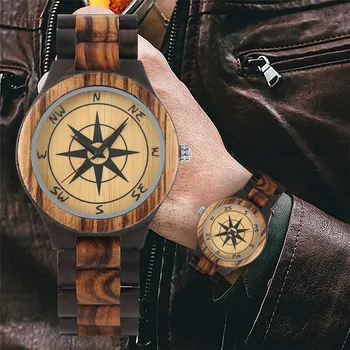 Štýlový Kompas Zobrazenie Vzor Dreva Hodinky Pánske Hodinky Quartz, Pevné Drevené Watchband Luxusné pánske Chronometra Nové 2019