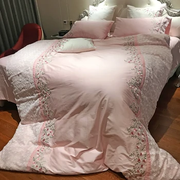 Luxusné Princezná 100S Egyptskej bavlny ružová Výšivky posteľná bielizeň sady Kráľovná Kráľ Čipky Perinu Posteľ list nastaviť obliečky na Vankúše 4/6pcs