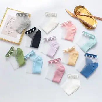 Japonské Ženy Lete Transparentné Sklenené Vlákna, Členok Loď Ponožky Faux Perly Korálkové Top Sweet Candy Farby Tenké Pančuchy