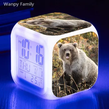 Veľké Zviera Medveď Hnedý Budík 7 Farebné LED Svietiace Digitálny Budík Detský Darček k Narodeninám Multifunkčné Flash Watche Hodiny