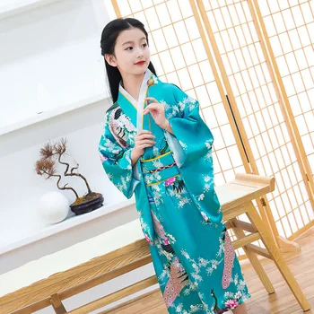 Deti, Dievčatá Novinka Národnej Japonsko Kimono Tradičné Yukata Šaty, Saténové, Hodvábne Luxusná Orientálna Vaňa Župan S Obi Výkon