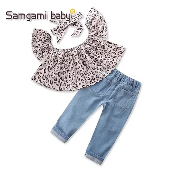 SAMGAMI, BABY, Deti, Oblečenie Leopard Zrna Mimo Ramenný Topy+Roztrhlo Rozbité Otvor Nohavice, Džínsy+hlavový most Oblečenie 3KS Deti Oblečenie