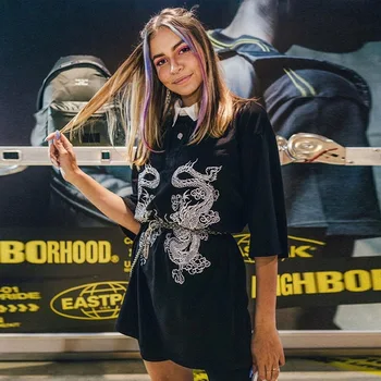 Letné Nového temného Štýl Japonský Drak Vzor T-shirt Žena Polo Tričko Voľné kórejská Verzia Wild Harajuku Vintage Dropshipping