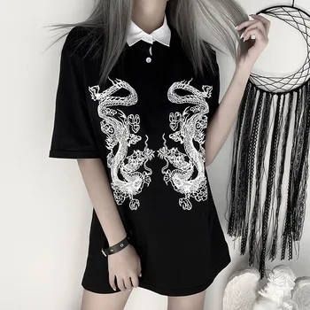 Letné Nového temného Štýl Japonský Drak Vzor T-shirt Žena Polo Tričko Voľné kórejská Verzia Wild Harajuku Vintage Dropshipping