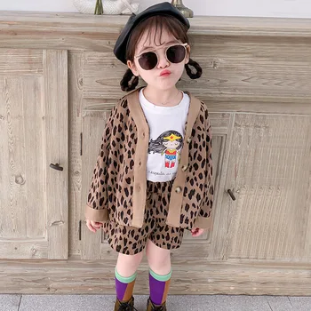 Móda 2019 Patria kórejské Milé Dievčatá Oblečenie Sady Dlhý Rukáv Leopard Cardigan Kabát+Šortky 2pc Vyhovovali Súbor 2-7Yrs Deti Oblečenie
