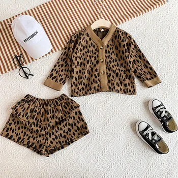 Móda 2019 Patria kórejské Milé Dievčatá Oblečenie Sady Dlhý Rukáv Leopard Cardigan Kabát+Šortky 2pc Vyhovovali Súbor 2-7Yrs Deti Oblečenie