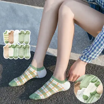 Avokádo Zelená Bavlna Loď Ponožky Retro Prekladané Diamond Stožiare, Jednofarebné Žena Patchwork Členkové Ponožky Pre Letné