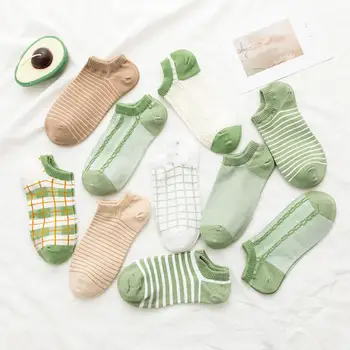 Avokádo Zelená Bavlna Loď Ponožky Retro Prekladané Diamond Stožiare, Jednofarebné Žena Patchwork Členkové Ponožky Pre Letné
