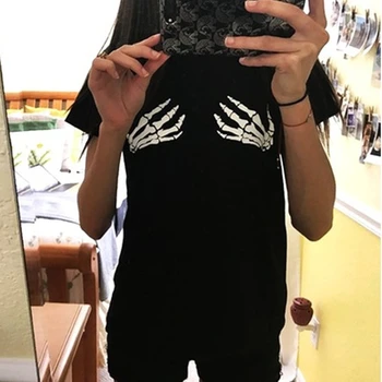 Harajuku Punk Bavlna Lebky Kostra Ruky Ženy tričko Oblek pre Letné Vzhľad osobnosti módne Dievča Halloween tričko tee - K375