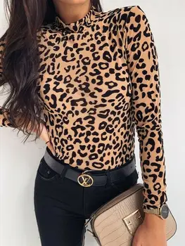 Ženy Leopard Tlač Turtleneck Topy 2019 Jeseň Dlhý Rukáv Slim Basic Dámske Tričko Party Fashion Kórejský Topy Ženské Nové