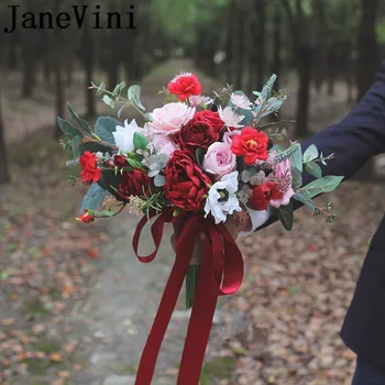 JaneVini Ružové a Červené Kvety Kytice Nevesty Umelé Romantický Hodváb Ruže Bridesmaid, Svadobné Kytice Držiteľ Svadobných Doplnkov