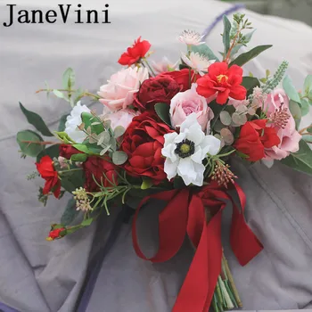 JaneVini Ružové a Červené Kvety Kytice Nevesty Umelé Romantický Hodváb Ruže Bridesmaid, Svadobné Kytice Držiteľ Svadobných Doplnkov