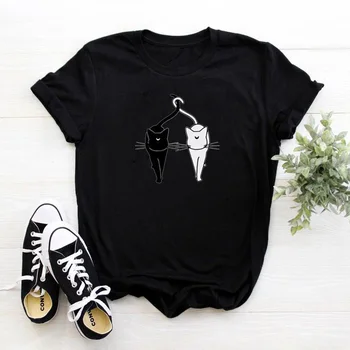 Čierne Biele Mačky T Shirt Ženy Roztomilý Vtipné Karikatúry Grafiky Femme T-shirts Bavlna Topy Tričko Ženy Kawaii Oblečenie Žien Tričko