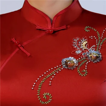 Štýlový 2018 Dámy Rayon Cheongsam Čínsky štýl Koleno Dĺžke Šaty Dámske Handmad Lištovanie Qipao Slim Party Šaty Vestido