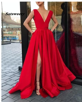 Jednoduché Červené Šaty Ples 2020 tvaru Satin Vysokej Štrbinou Večer Party Šaty S Vreckami Dlho Prom Šaty vestidos de festa