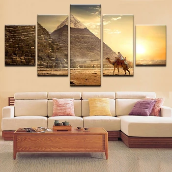Modulárny Plagát Plátno Obrázky Wall Art Camel Egyptské Pyramídy Slnka Scenérie Maľovanie Moderný Rámec Vytlačí Dekor Obývacia Izba