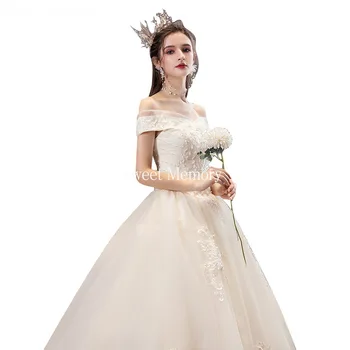 Princezná Luxusné Lištovanie Šampanské Šaty Svadobné Šaty 2021 Elegantné Ženy Ramena Loď Krku Dĺžka Podlahy Svadobné Šaty
