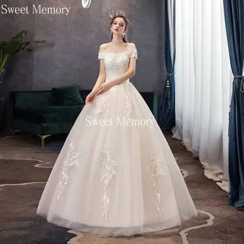 Princezná Luxusné Lištovanie Šampanské Šaty Svadobné Šaty 2021 Elegantné Ženy Ramena Loď Krku Dĺžka Podlahy Svadobné Šaty