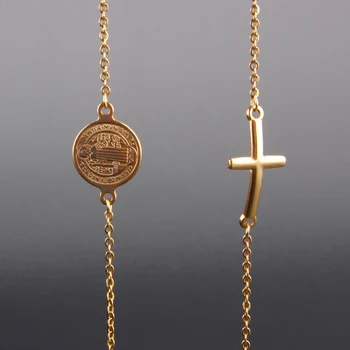 Dvojité Vrstvy Svätý Benedikt a Kríž Kúzlo Zlatý Náramok Ženy Šperky Rolo Reťaz z Nerezovej Ocele, Náramky pre Mužov