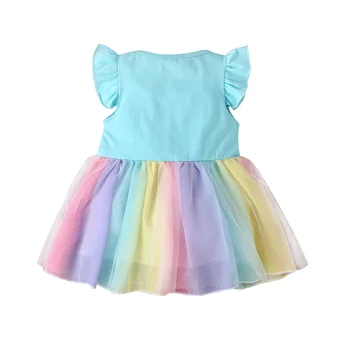 Dievča Leta Volánikmi Lietať Rukáv Šaty Módne Rainbow Oka Priadza Šitie-line Princezná Šaty 2021 Nové