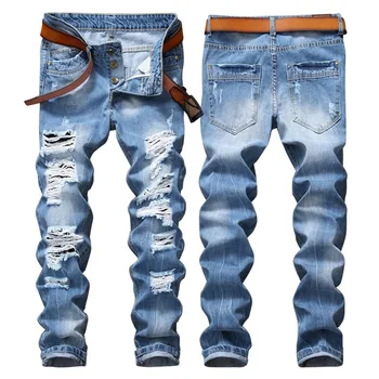 Nové pánske mužské nohavice módne výbuchom diera svetlo modrá Slim malé, rovné nohavice príliv vlasy džínsové nohavice
