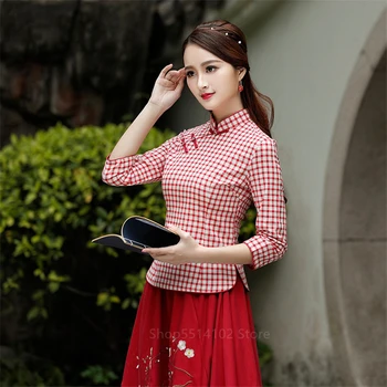 2020 Žena Čínskej Tradičnej Qipao Šaty Cheongsam Topy Dámske Klasické Bielizeň Kockované Košele, Sukne Vintage Kultúrne Tang Vyhovuje