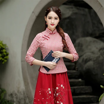 2020 Žena Čínskej Tradičnej Qipao Šaty Cheongsam Topy Dámske Klasické Bielizeň Kockované Košele, Sukne Vintage Kultúrne Tang Vyhovuje