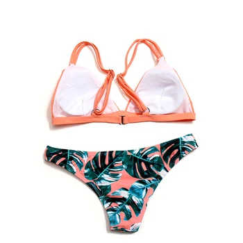 Sexy Ženy Ženy Bikini Set Plavky Zelené Listy Vzor Trojuholník Split Plavky Push Up Plavky Plážové Oblečenie Lete