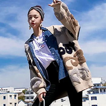 Bežné Nadrozmerná List Tlač Cardigan Sveter Ženskej Módy Hrubé Teplé Kórejský Pletený Kabát Outwear Knitwear 2020 Zimné Jersey