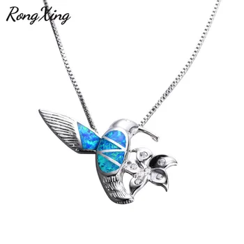 RongXing Roztomilý Vták Blue Fire Opal Strieborná Farba Zvierat, Prívesky, Náhrdelníky Pre Ženy Biela CZ Kvetina Náhrdelník NL0073