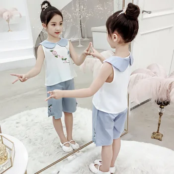 2019 Lete Roztomilé Dievčatká Čínsky štýl, Výšivky Kvetinový Dizajn trička, Topy+Šortky Vyhovuje Ležérne Oblečenie Sady Roztomilý 2KS