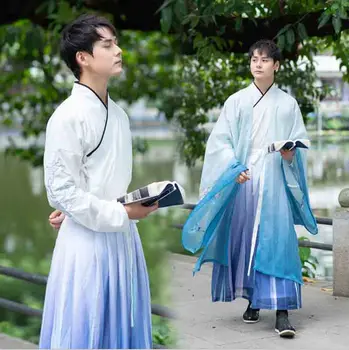 Gradient Modrá Hanfu Muži/Ženy Čínske Tradičné Oblečenie pre Dospelých Párov Cosplay Kostým Hanfu Šaty Pre Mužov/Ženy, Plus Veľkosť 2XL