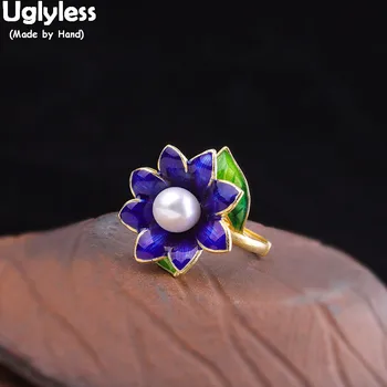 Uglyless Smalt Kvetinový Prírodné Perly Náušnice pre Ženy, Skutočné 925 Sterling Silver Kvet Otvoriť Prstene Zlato Brincos Jemný Šperk R959
