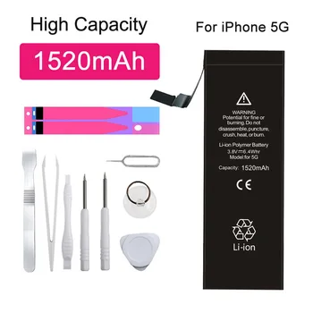 Vysokokapacitné Batérie Pre iPhone 5, 5G 1520mAh Telefón Výmena Za iPhone 5 5 GS Batérie + Bezplatné Nástroje