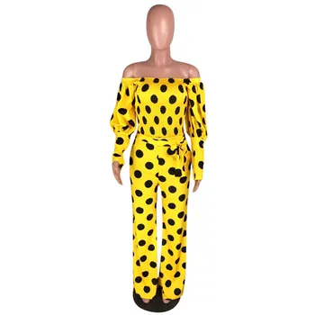 Ženy Vyhovovali 2020 Jesenné Módne dámske Žltá Bežné Polka Dot Svietidla Rukáv Top + Dlhé Nohavice dvojdielne dámske Oblečenie Sady