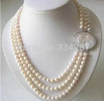 Originálne 3 Riadky 7-8MM Sladkovodné perlový Náhrdelník Portrét Spona