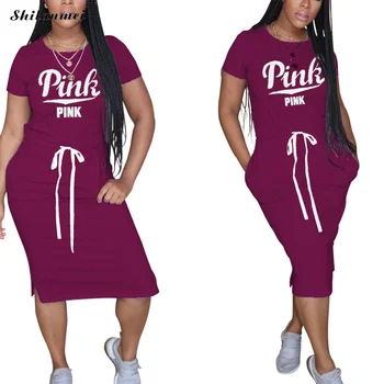 Ženy Graffiti Bežné Šaty Ružové List Tlač Šnúrkou Dlho Maxi Šaty Voľné 2020 T Shirt Šaty Módne Žena Streetwear