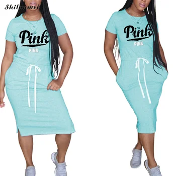 Ženy Graffiti Bežné Šaty Ružové List Tlač Šnúrkou Dlho Maxi Šaty Voľné 2020 T Shirt Šaty Módne Žena Streetwear