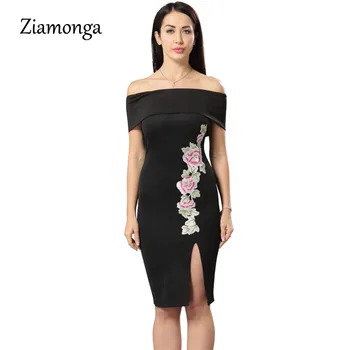 Ziamonga Sexy Mimo Ramenný Prehrabať Ženy Šaty Kvetinové Výšivky Bodycon Letné Šaty Elegantné Čierne Strany Midi Šaty Vestidos