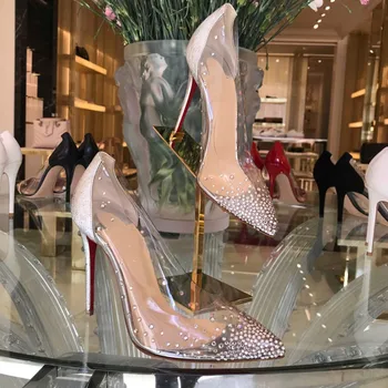 2018 Nové plexi krištáľovo čisté PVC zahrnuté vysoké podpätky Stiletto podpätky celebrity štýly ukázal prst šaty strany topánky žena luxus