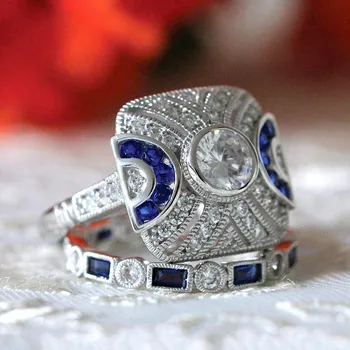 Móda Modré Crystal Zirkón Diamantov, drahých Kameňov Prstene Sady pre Ženy v Indickom Štýle Šperky z Bieleho Zlata Striebornú Farbu a Príslušenstvo Nové