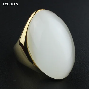 LYCOON luxusné opal krúžok z nehrdzavejúcej ocele doska Zlatá farba nastavenie biele vajcia tvar mačacie oko kameň pre ženy strany krúžky LYD0193