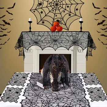 Halloween Spider Pavučinu Čipky Obrus Nastaviť Krb Plášti Šatku Okrúhly Stôl Kryt Spider Tienidlo Obdĺžnikový Miesto HYD88