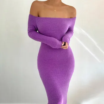 Mimo Ramenný Sexy Ženy Bodycon Jednofarebné Šaty S Dlhým Rukávom Lomka Krku Tvárny Šaty Party Fashion Jeseň, Jar Oblečenie 2021